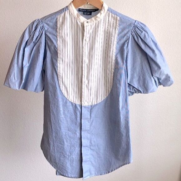 Ralph Lauren Blue & Off White Pouf Sleeve Bib Front Cotton Tuxedo Blouse - Picture 3 of 13